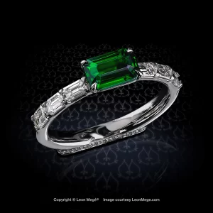 Leon Mege Flamingo diamond ring with emerald cut tsavorite set East West