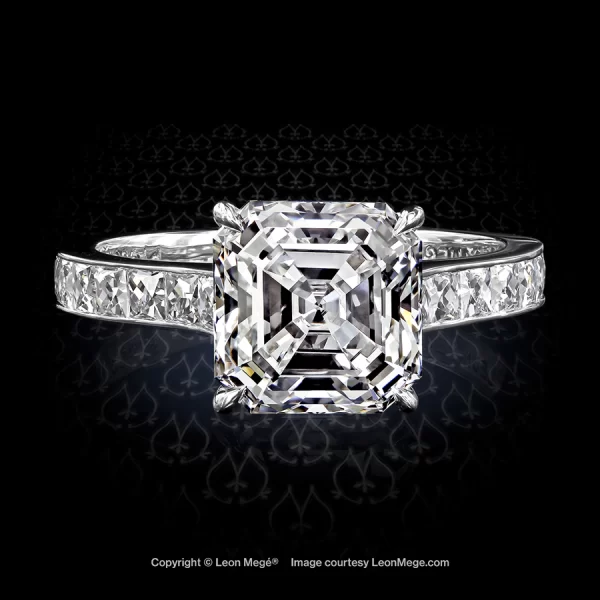 Leon Megé bespoke platinum Asscher cut diamond ring with channel-set French-cut diamonds r6297