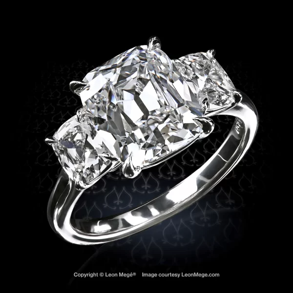 Leon Megé classic three-stone engagement ring with a set of True Antique™ cushion diamonds r7653