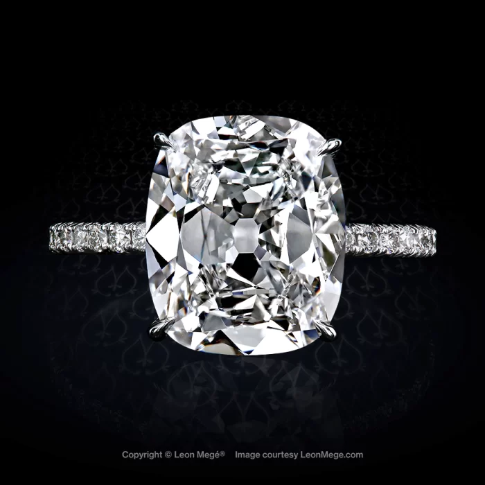 True antique cushion diamond ring with micro-pave in platinum hand-forged by Leon Mege jewelers