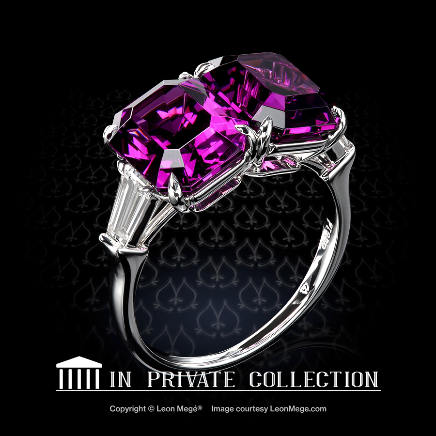 Twin ring with natural Asscher cut purple garnets and diamond baguettes by Leon Mege