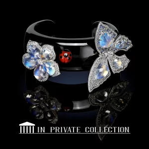 Leon Mege Mothra black jade bracelet with moonstone-set butterfly and flower