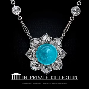 Leon Mege Custom made cluster pendant, featuring 4.71 carat round electric blue paraiba tourmaline p4556.