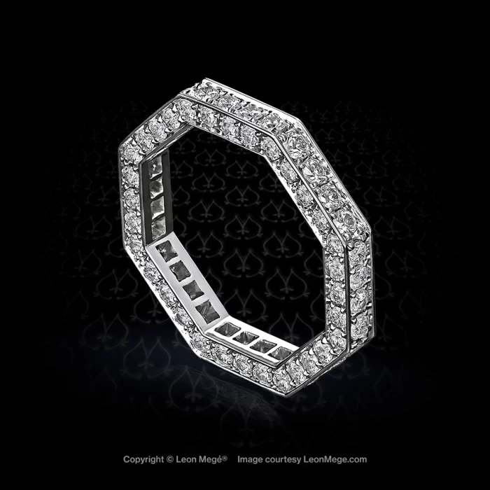 Leon Mege hand made unusual, vastly distinctive, octagon-shaped diamond band with a three-sided pave