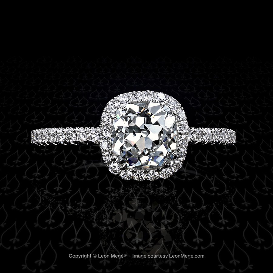 811 custom made halo ring featuring a True Antique™ cushion diamond by Leon Mege.