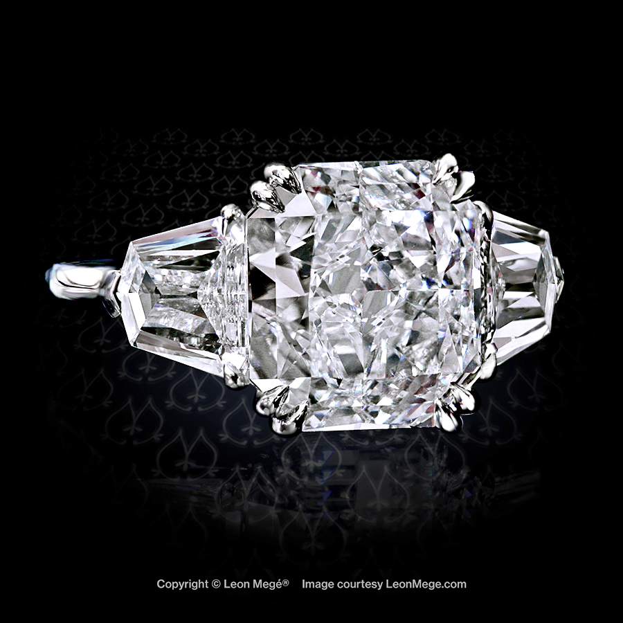 Leon Mege hand-forged classic three-stone ring, featuring a 5-carat radiant diamond with a pair of matching chevrons.