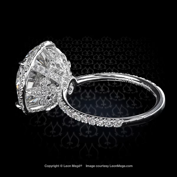 Leon Megé bespoke halo round diamond ring with micro pave and Fleur-de-lis motif on the basket precision-forged in platinum r8486