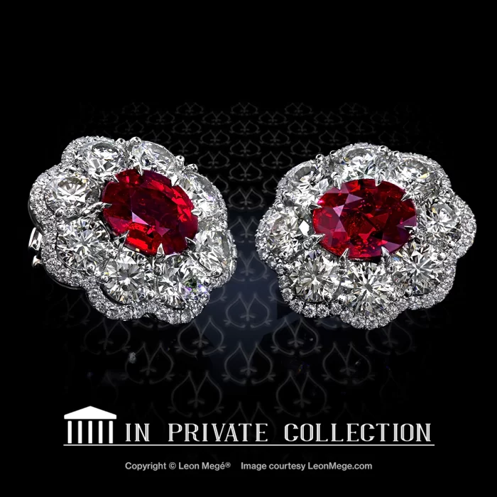 Leon Mege bespoke ruby clips with pure pigeon blood unheated Burmese rubies approximately three carats each set in a platinum cluster traced by micro pave.