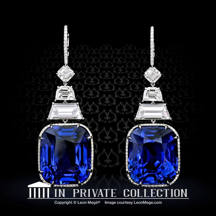 Custom made drop earrings featuring natural cushion blue sapphires over 30 carats each by Leon Mege.