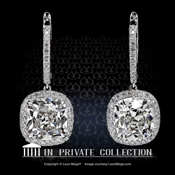 Leon Megé matching pair of True Antique™ cushion diamonds in micro pave halo on French wire e4663
