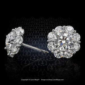 Leon Mege custom made cluster earrings with 16 ideal-cut diamonds surrounding two center stones approximately one carat each e6405