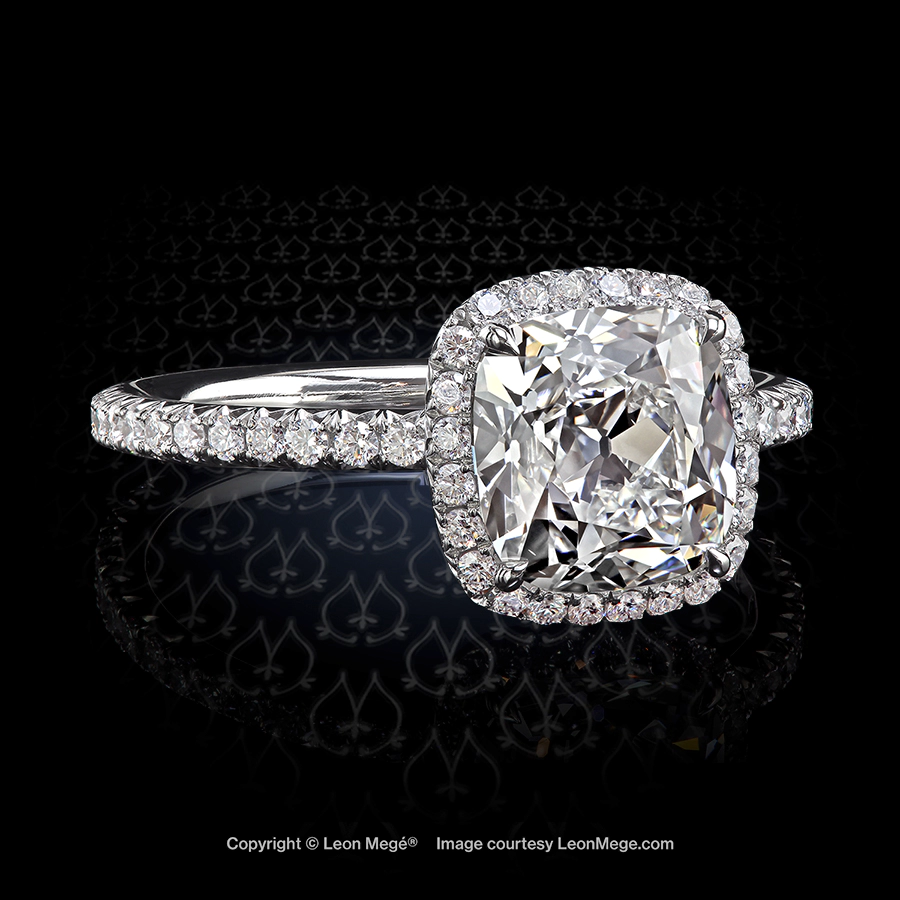 Leon Megé 811™halo ring with an exquisite True Antique™ cushion diamond with bespoke pave r6304