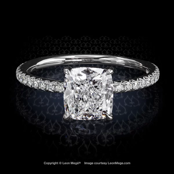 Elegant 401™ solitaire with a natural cushion diamond illuminated by the sizzling diamond pave on the shank.
