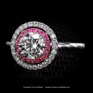 Leon Megé 820™ Galaxy™ double halo platinum ring with a round diamond and pink sapphires r6376
