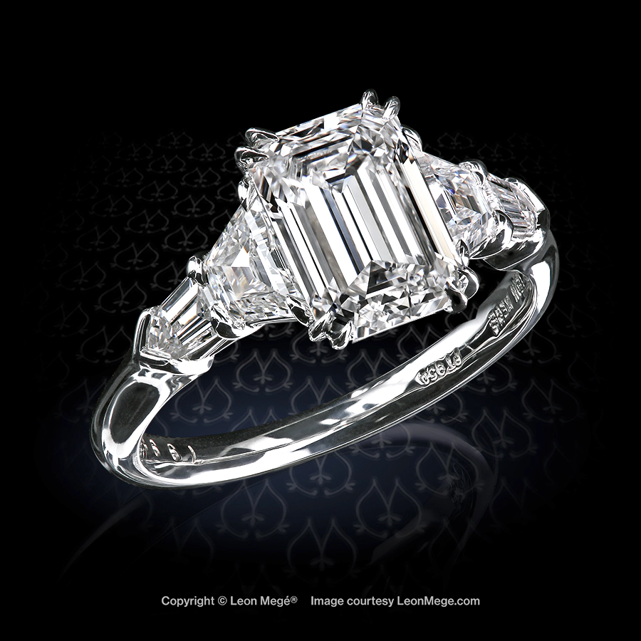 Leon Megé classic five-stone ring with an emerald-cut diamond and Balle Evassee sides r7998