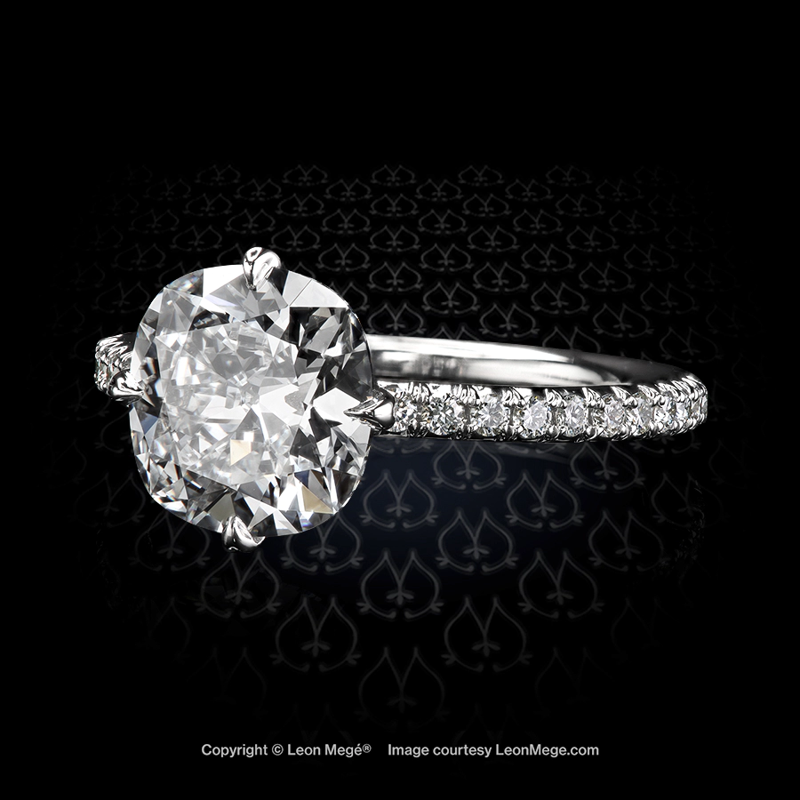 Lotus™ solitaire ring, featuring 2.36 carat True Antique™ cushion diamond accented with micro pave and pink diamonds.