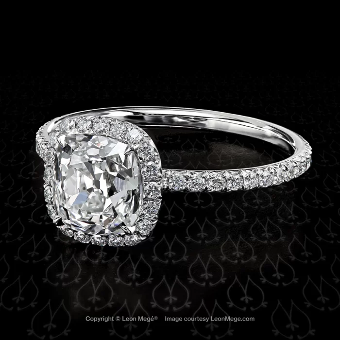Leon Megé engagement ring with a True Antique™ cushion diamond in the micro-pave halo r5487