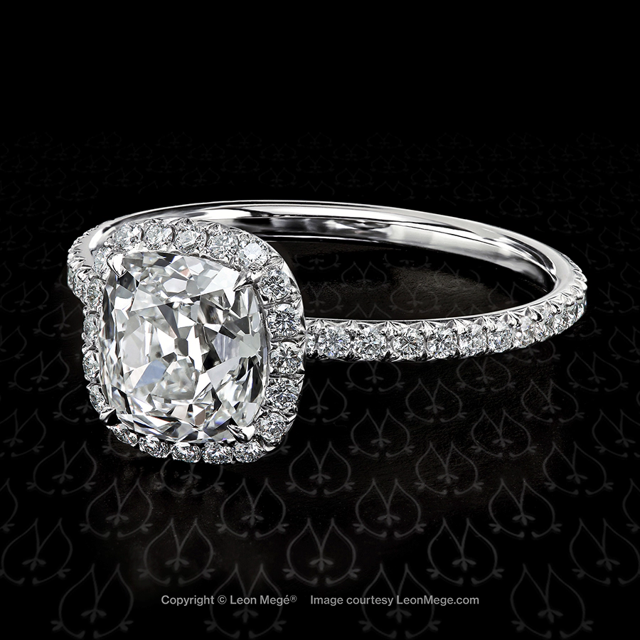 Leon Megé engagement ring with a True Antique™ cushion diamond in the micro-pave halo r5487