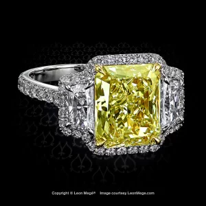 Leon Megé Montpassier™ three-stone ring with a fancy yellow diamond and trapezoid side stones r5725