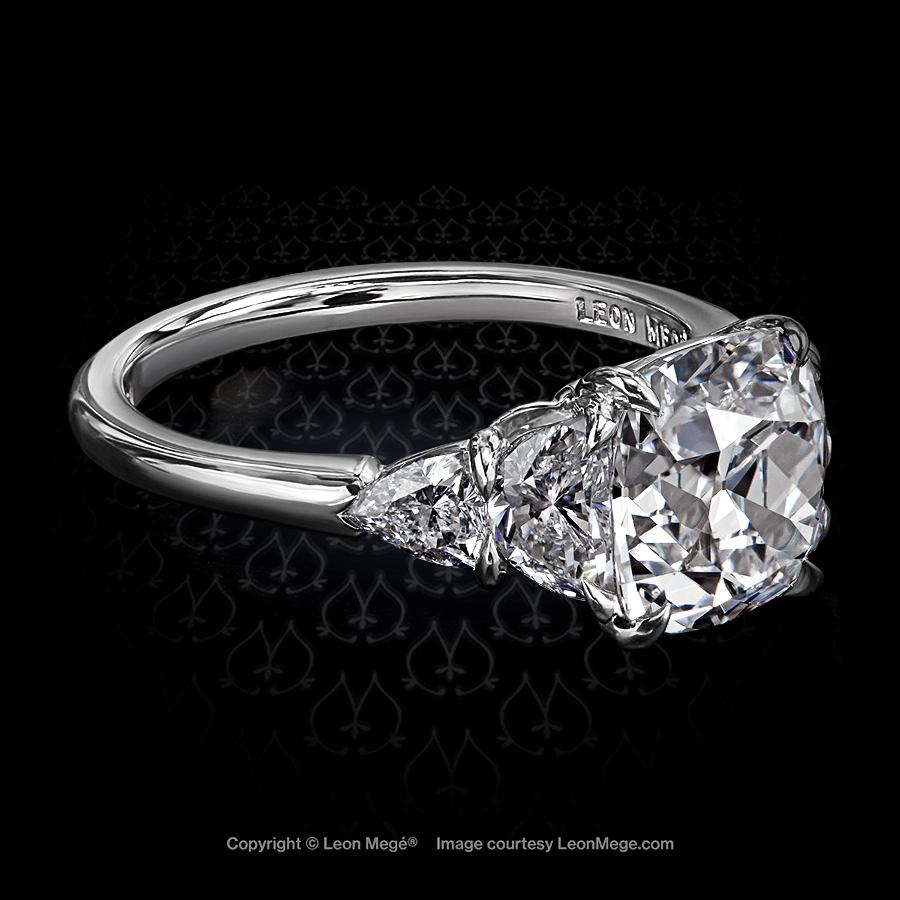 Leon Megé classic five stone engagement ring with True Antique cushion diamond, half moons and heater shields