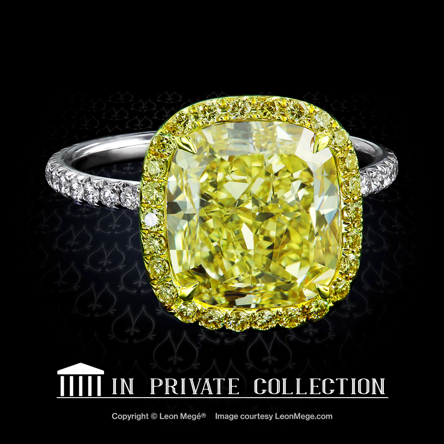 Leon Megé exquisite 811™ halo ring with a cushion diamond surrounded by yellow micro pave r5803