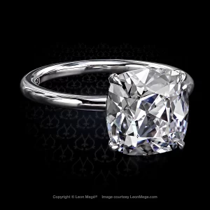 Leon Mege modern solitaire features a 2.54-carat True Antique™ cushion diamond in a chic design.