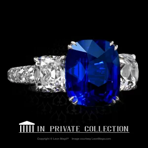 Leon Megé three-stones ring with a 6-carat Burma sapphire and True Antique™ cushion diamonds r6105