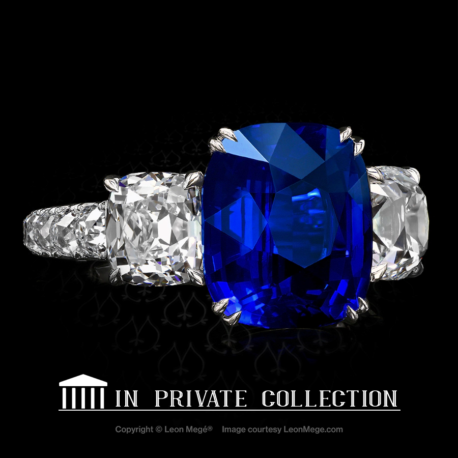 Leon Megé three-stones ring with an unheated Burma sapphire and True Antique™ cushion diamonds r6105