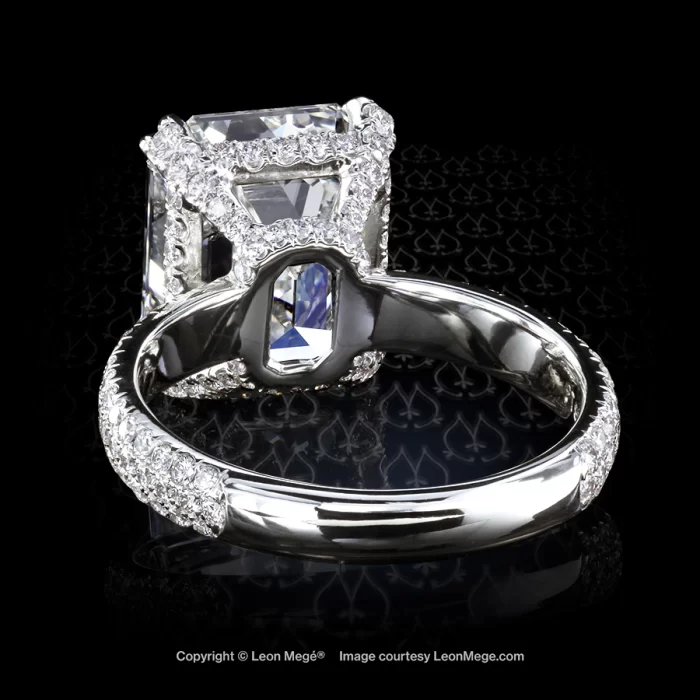 Leon Megé 413™ solitaire with a stunning emerald cut diamond on a wide micro pave shank r6686