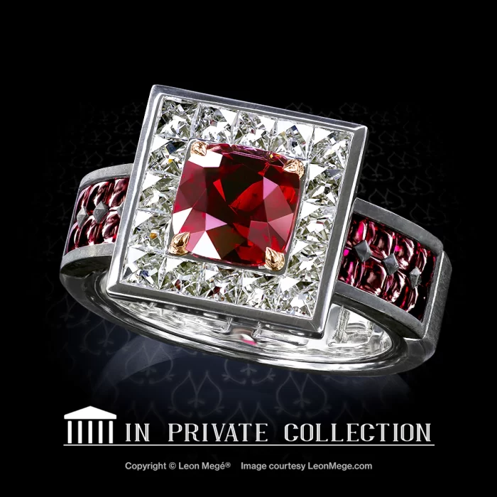 Leon Mege Bauhaus-influenced "Red Square" ring with a cushion pigeon-blood ruby r6941