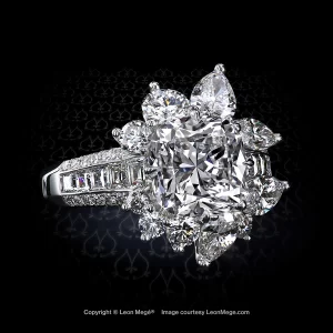 Leon Megé unique cluster ring, featuring a True Antique™ cushion diamond accented with pear shapes, rounds, and baguettes r8036