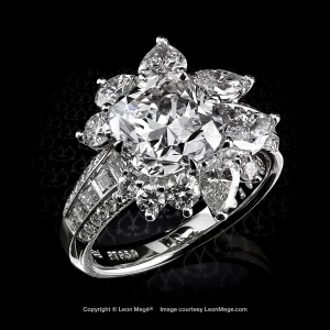 Leon Megé unique cluster ring, featuring a True Antique™ cushion diamond accented with pear shapes, rounds, and baguettes r8036