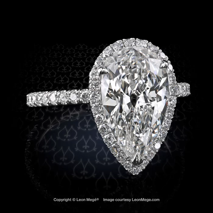 811™ engagement ring featuring 3.07-carat pear-shaped diamond in micro pave halo.