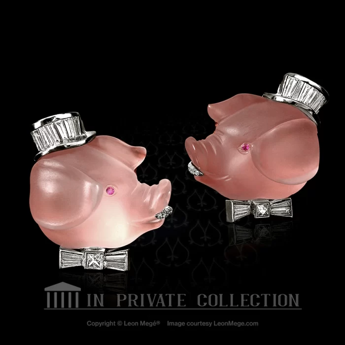 Leon Megé adorable hand-carved piglet cufflinks with grills, top hats and bow-ties c4460