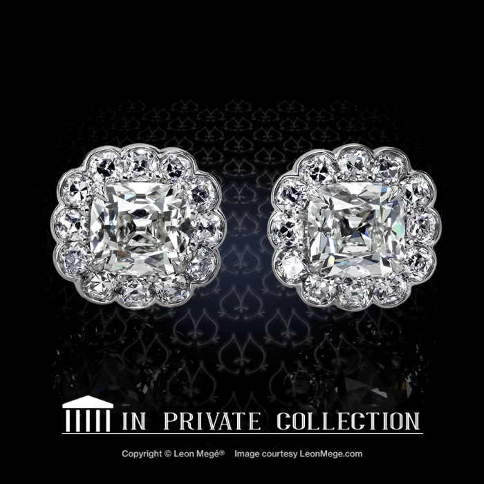 Leon Mege bespoke studs with exclusive True Antique™ cushion diamonds in a scalloped halo e5722