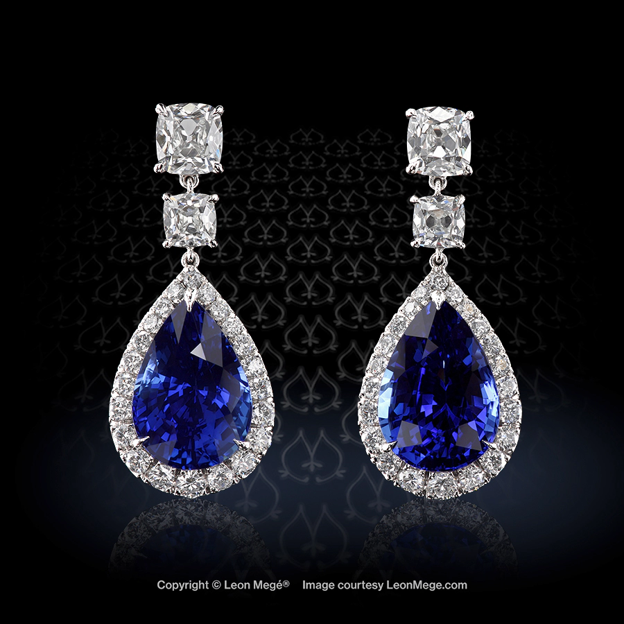 Leon Megé eardrops with pear-shaped sapphires in micro pave halos e8182