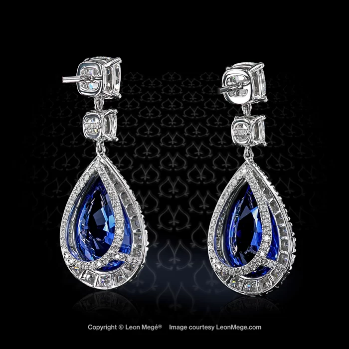 Leon Megé eardrops with pear-shaped sapphires in micro pave halos e8182