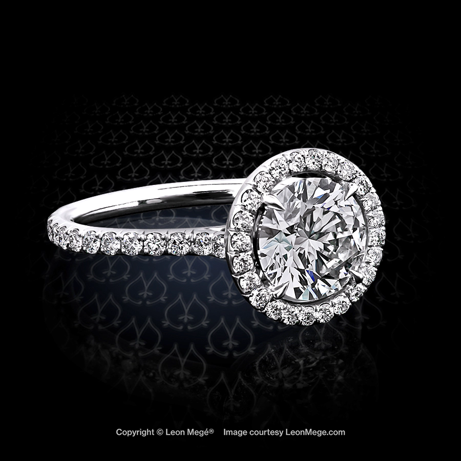 Leon Megé 711™ micro pave ring with a round diamond in a halo with an airline r4852