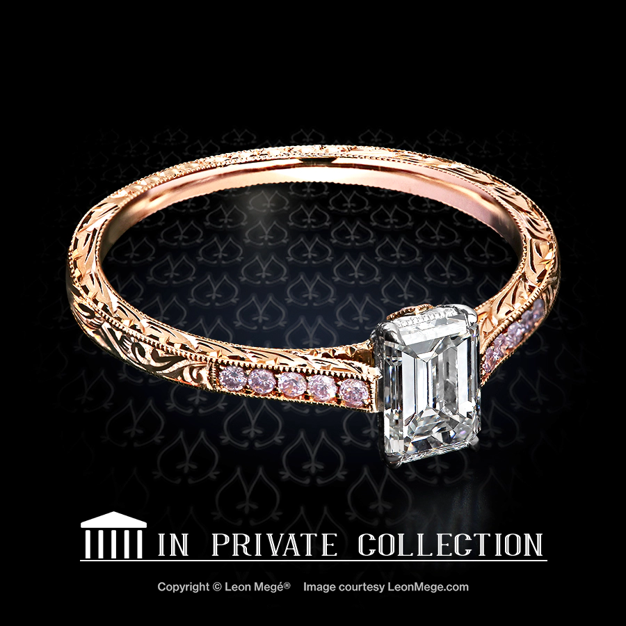 Leon Megé hand-engraved engagement ring with an emerald cut diamond and fancy pink diamonds on the shank.