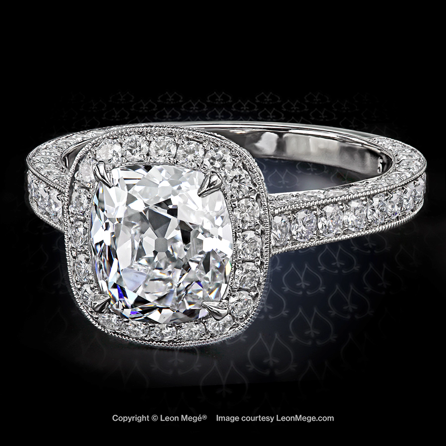 Leon Megé 623 Heidy™ double-sided halo ring centering a True Antique™ cushion diamond r5682