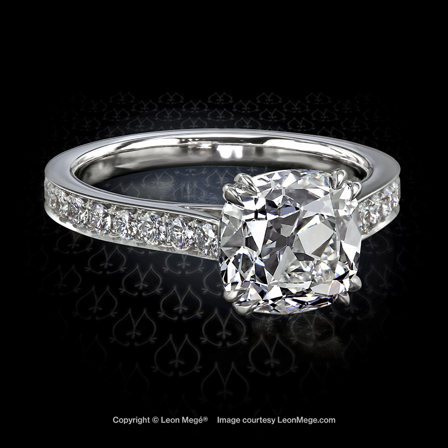 Leon Megé 301™ solitaire featuring a True Antique™ cushion diamond and diamond pave r5784