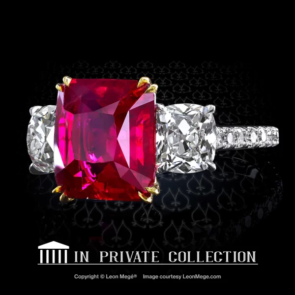 Leon Megé three-stone ring featuring a Burmese ruby and True Antique™ cushion diamonds r7072