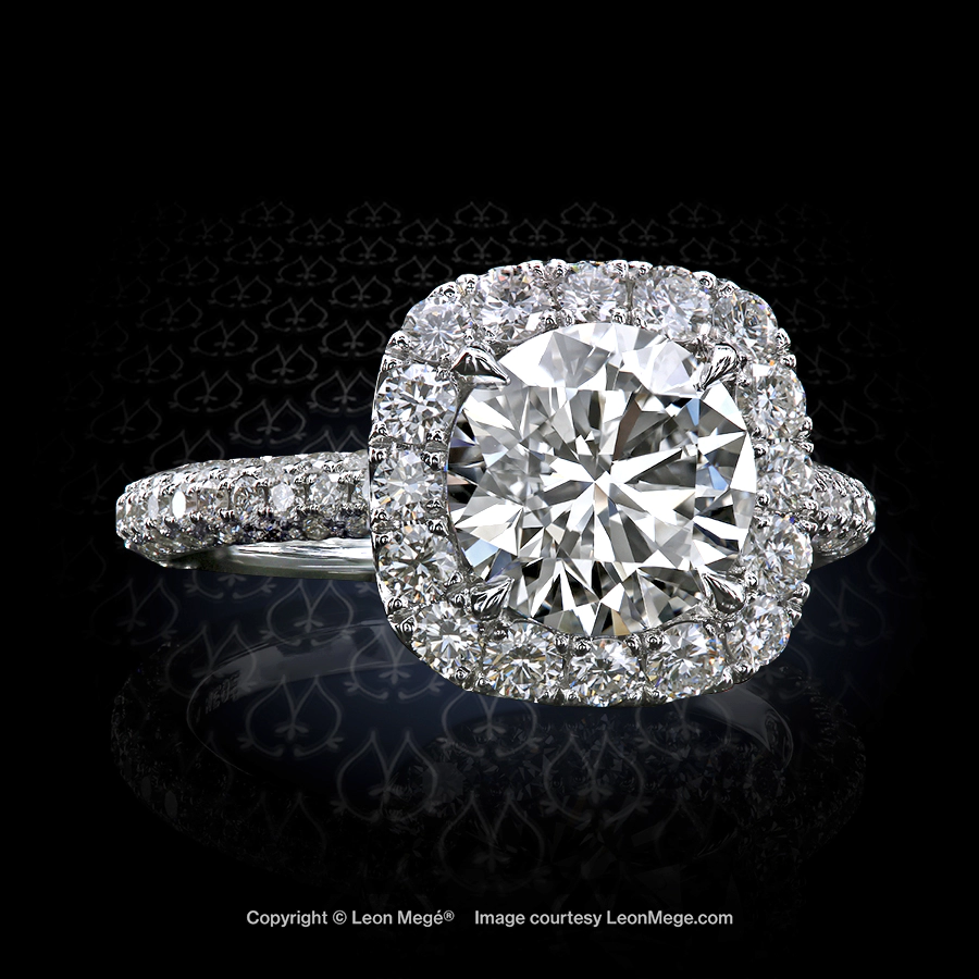 Leon Megé exquisite 813™ cushion halo ring with a round diamond in a platinum micro pave mounting.