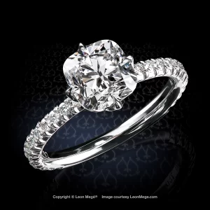Leon Megé exclusive Lotus™ solitaire featuring 1.7-carat cushion diamond in Compass-style prongs r8082