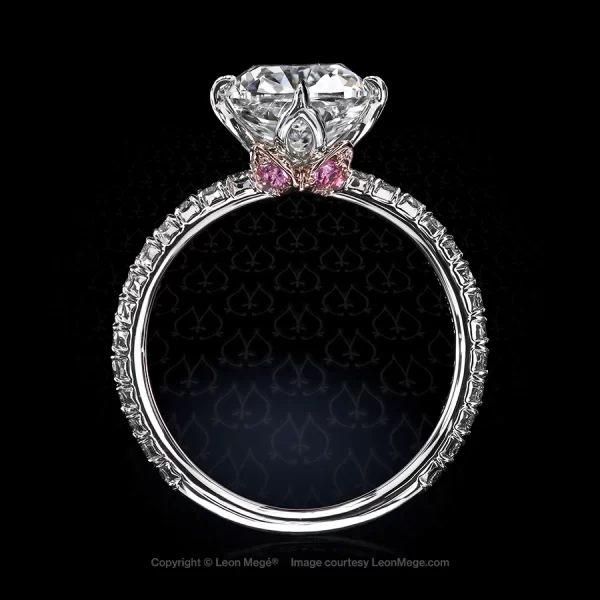 Leon Megé exclusive Lotus™ solitaire featuring 1.7-carat cushion diamond in Compass-style prongs r8082