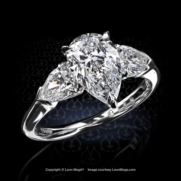 Leon Megé classic precision-forged three-stone ring featuring three pear-shaped diamonds r8139