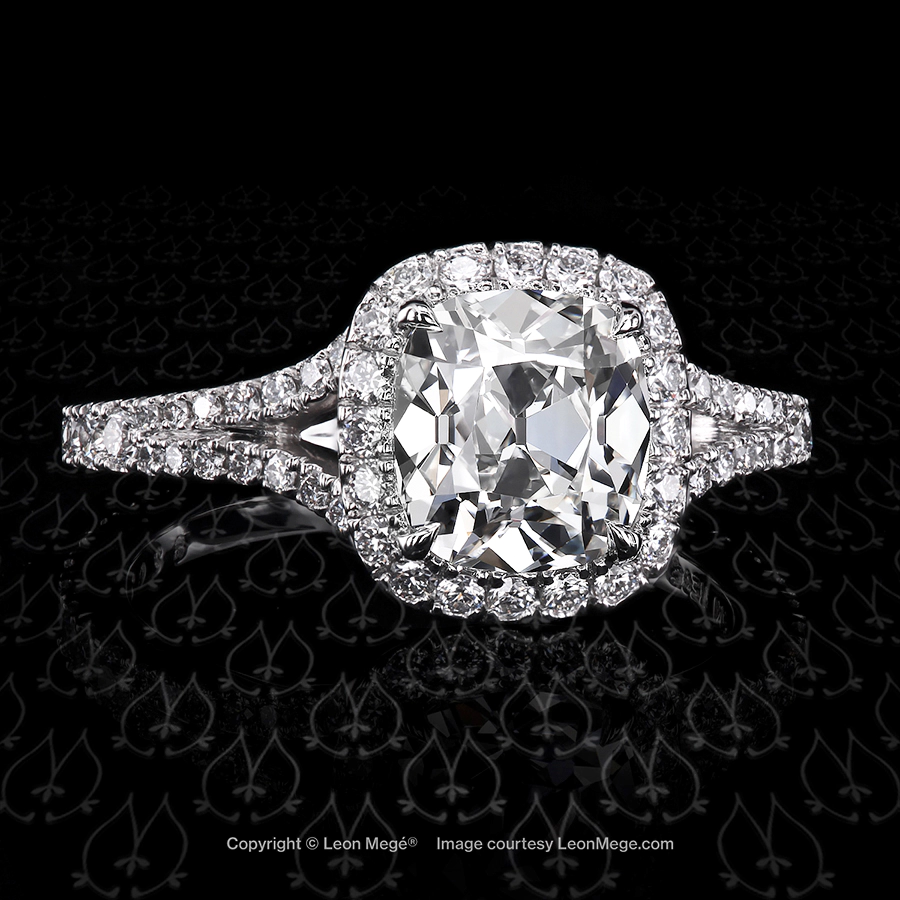 Leon Megé split-shank halo ring with an 1.68-carat True Antique™ cushion diamond r8202