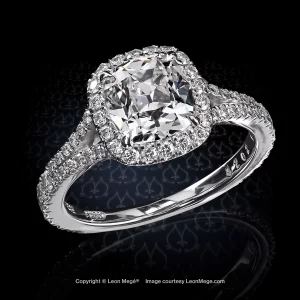 Leon Megé split-shank halo ring with an 1.68-carat True Antique™ cushion diamond r8202