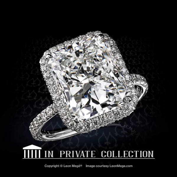 Leon Megé 821™ engagement ring featuring a radiant cut diamond in a micro pave halo r8221