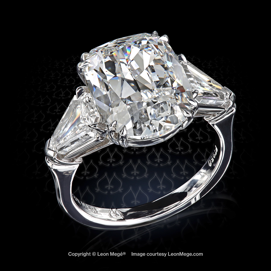 Leon Megé three-stone ring with an elongated classic cushion and step-cut diamond shields r8369